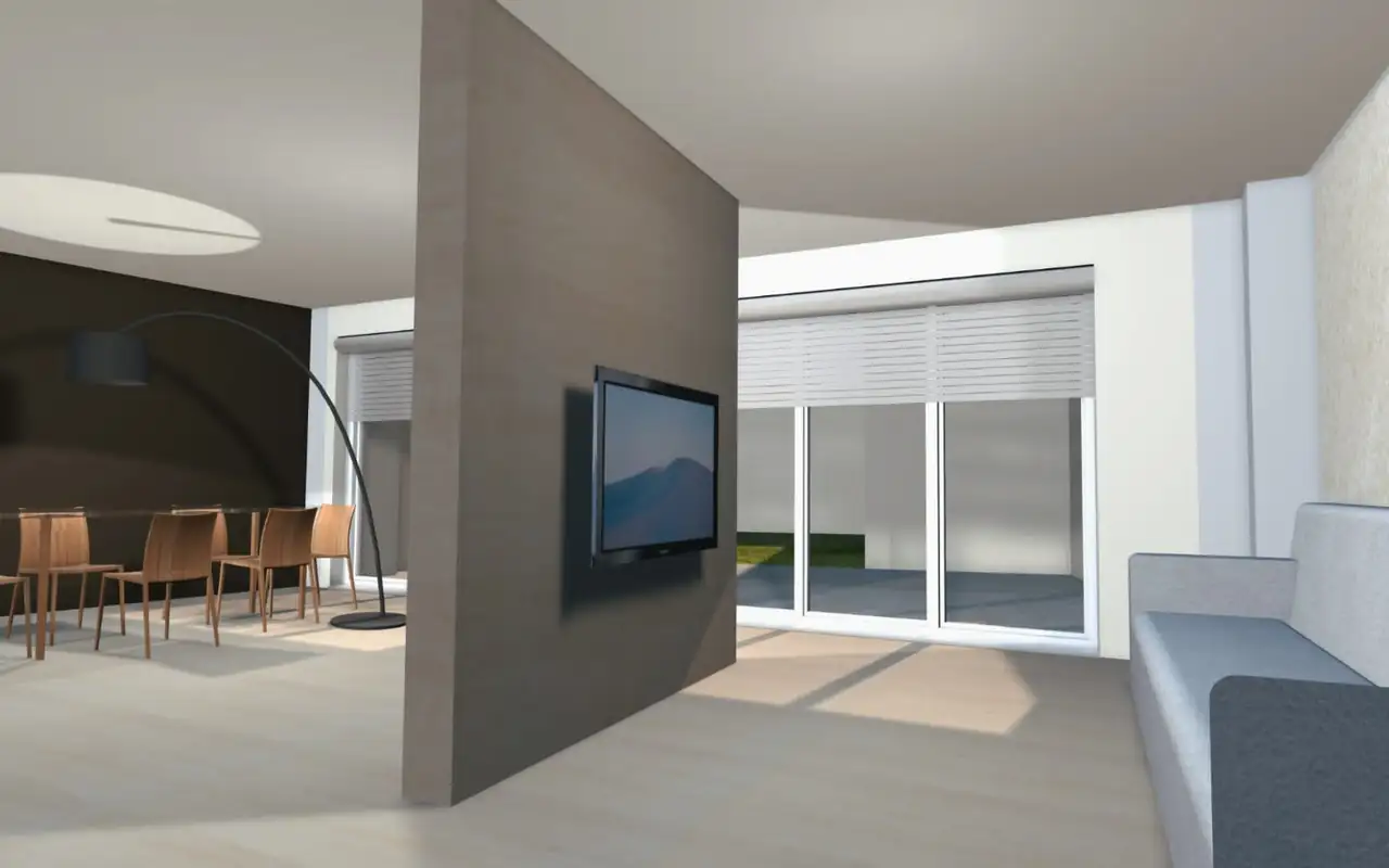 Rendering di una zona giorno del progetto: ampie vetrate, pavimento chiaro e arredi essenziali.