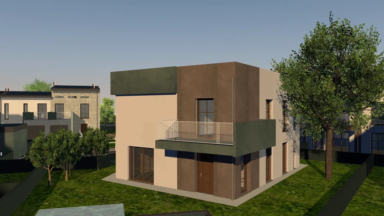 Render della Residenza Gli Orti: una villa contemporanea a due piani con terrazzo, intonaci chiari e fasce verdi, fra alberi e prato.